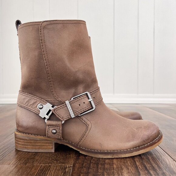 Gianni Bini Leather Moto Engineer Buckle Boot Burnished Pull On Size 8.5 Brown - Picture 1 of 15